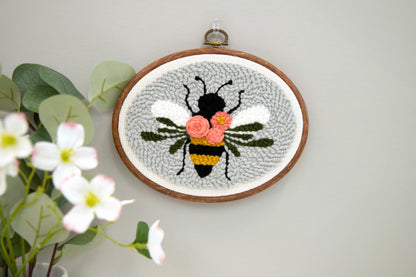 Kimberbell Punch Needle Set – Bloomin’ Bee - Complete DIY Embroidery Kit with Tool, Monks Cloth, Frame, Yarn & Dimensional Flowers – Adorable Bee Punch Needle Craft with Reusable Project Bag