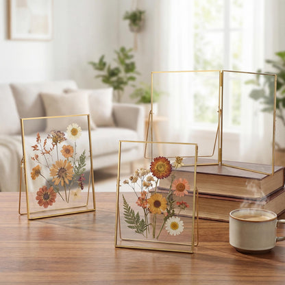 Vicenpal 3 Pack Glass Pressed Flower Frame Handmade, 6 x 8 Floating Picture Frames for Pressed Flowers, Brass Double Glass for Tabletop Display, Home Office Plant Specimen, Photos(Gold)