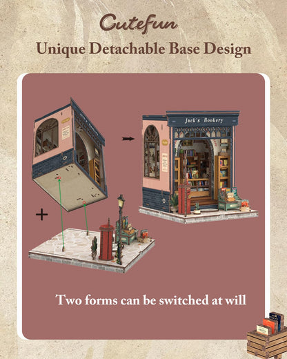Cutefun Book Nook Kit - DIY Miniature Dollhouse Library Kit for Adults and Teens, Tiny House Building Bookshelf Insert Decor with LED Light, Gifts for Family and Friends (Jack's Bookery)