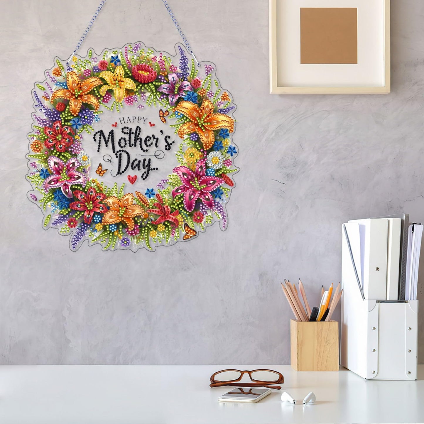 VODAPYC Mother's Day Diamond Art Hanging Kits for Adults, Acrylic DIY Double Sided Special Shaped Flower Diamonds Art Windows Pendant Ornament(Mother's Day Wreath)