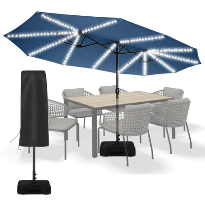 Sundale Outdoor Solar 15 ft 144 LED Olefin 5-Year-Non-Fading Patio Umbrella with Sandbag Base Included and Cover, Outdoor Double-Sided Umbrella with Lights, Navy
