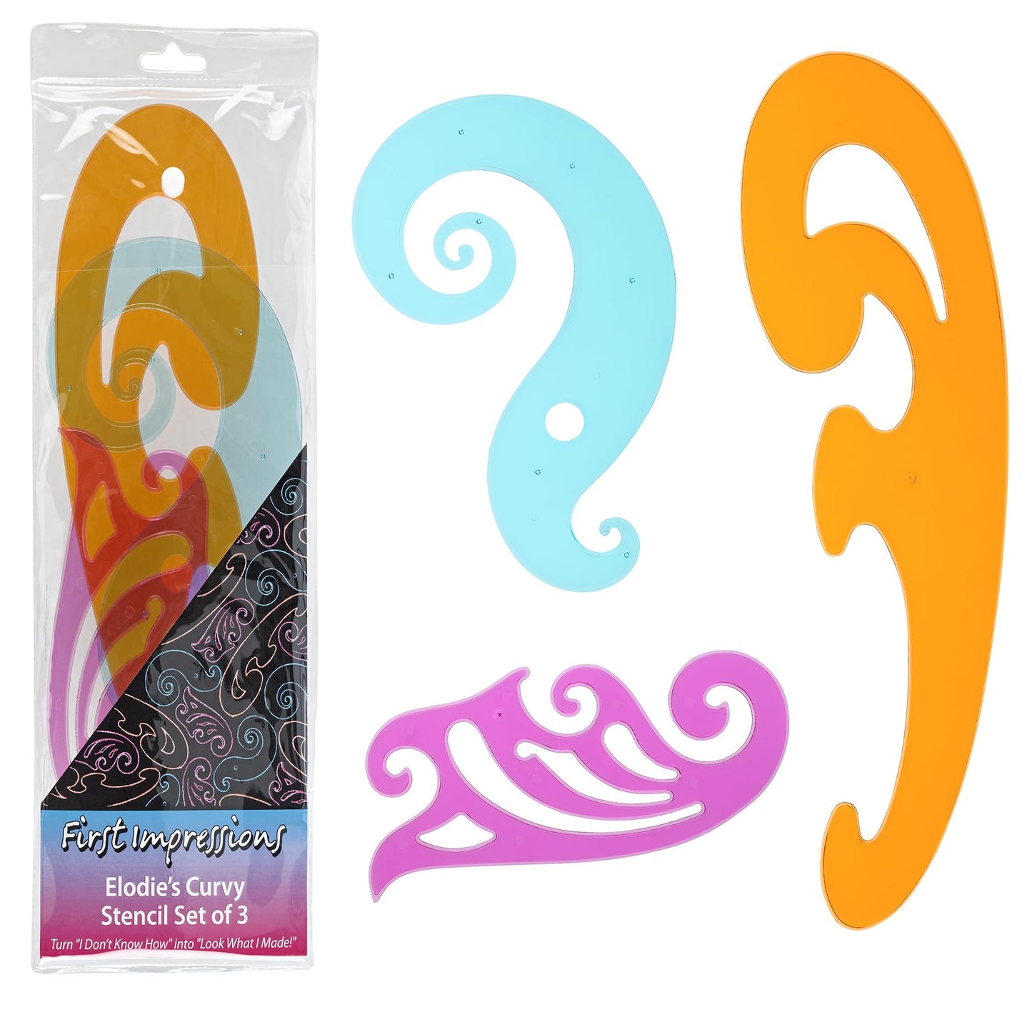 Elodie's Curvy Stencils by First Impressions - Durable Drafting Tools with French Curve Ruler & Drawing Shape Stencil for Imaginative Designs - Includes 3 Stencils & Reusable Storage Pouch