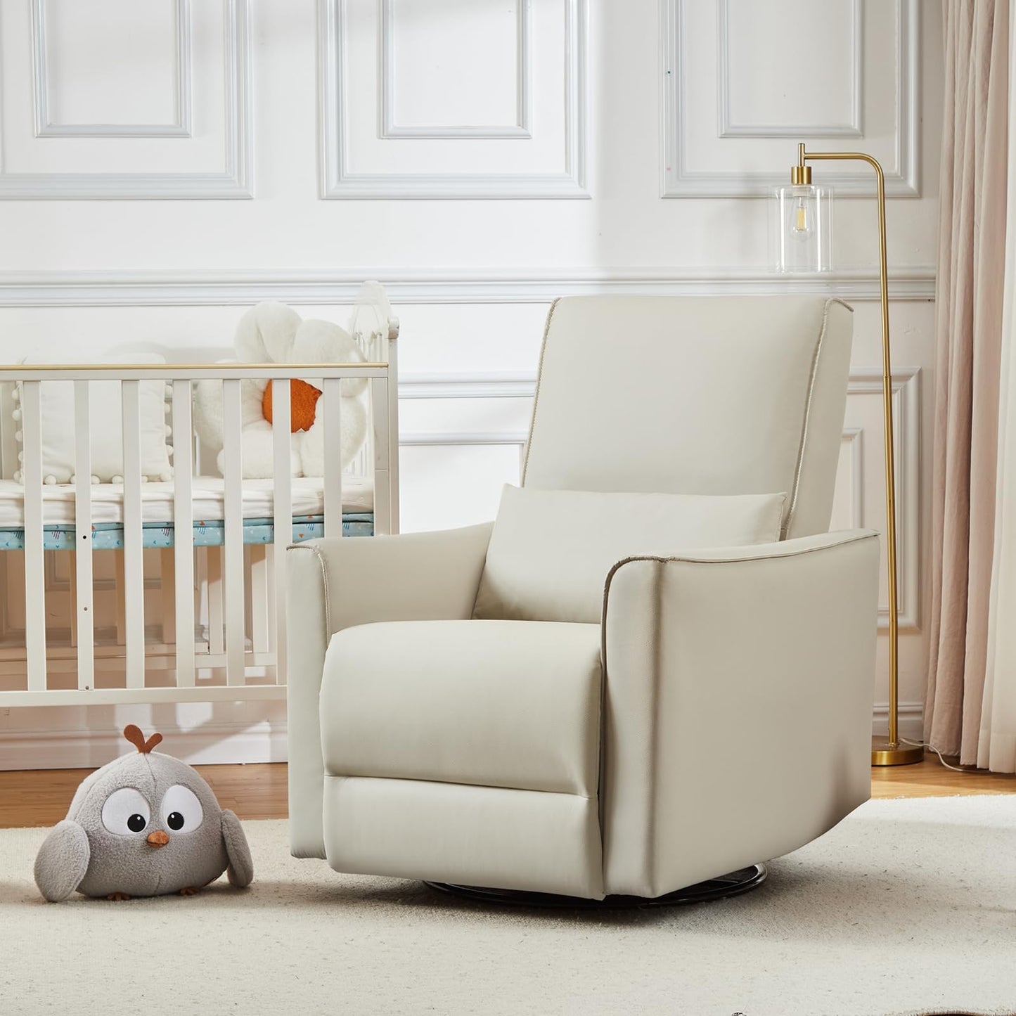 GarveeHome Recliner Chair, 360° Swivel Rocker Glider Nursery Chair with Padded Armrest and Deep Seat, PU Leather Upholstered Reclining Sofa Chair for Living Room, Bedroom and Nursery (White)