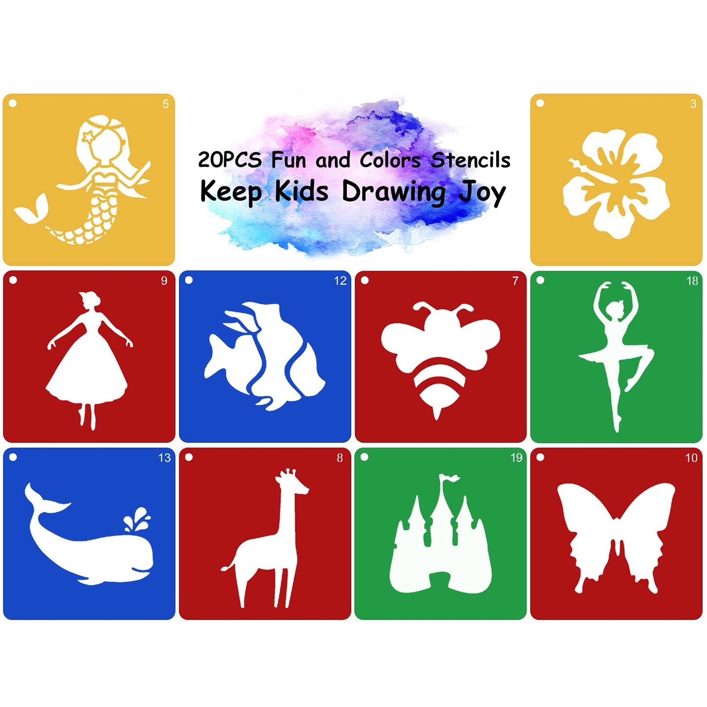 20 Pieces Stencils for Kids with 5 PCS Scratch Paper, 8 x 8 Inch Large Stencils Washable Craft Fun Chalk Template for Boys and Girls to Learn Painting