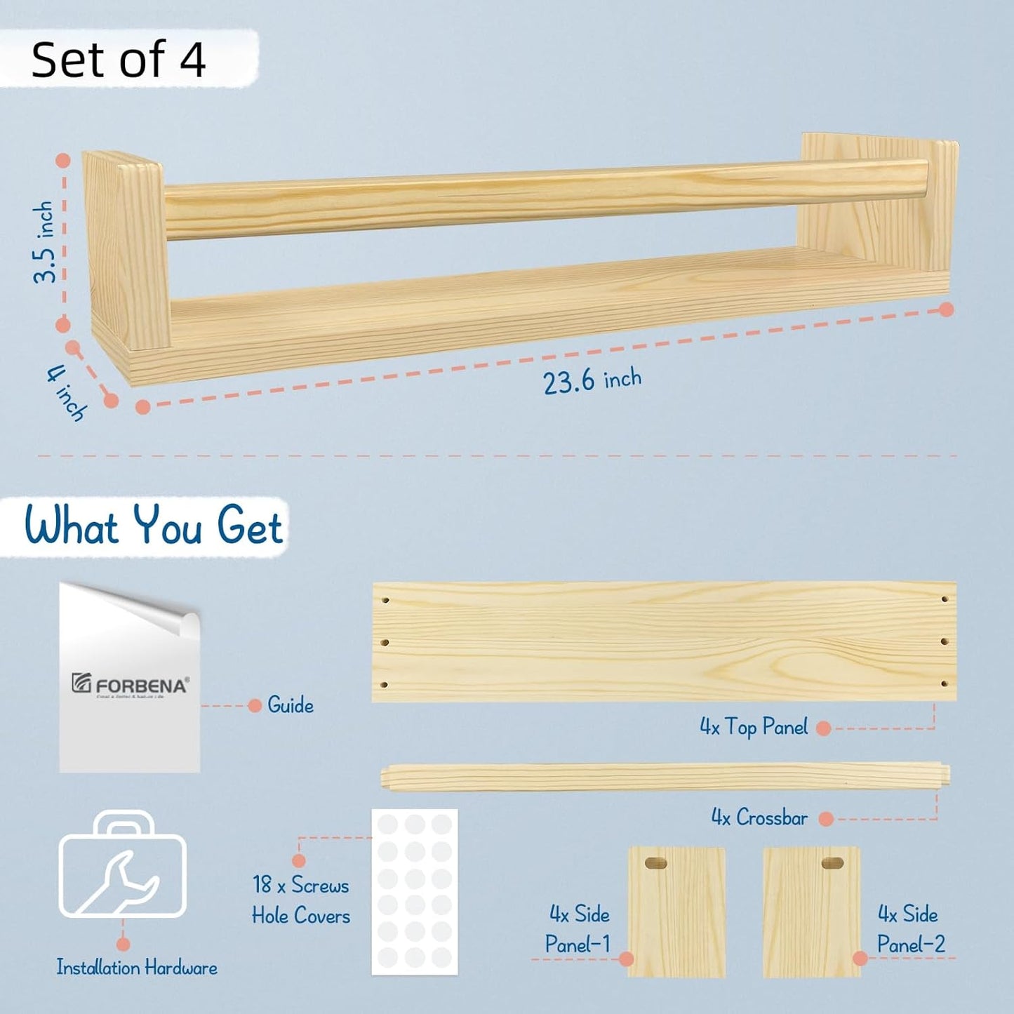 24 Inches (4-Pack) Forbena Natural Wood Nursery Bookshelves for Wall, Long Floating Book Shelves, Wall Mounted Bookcase