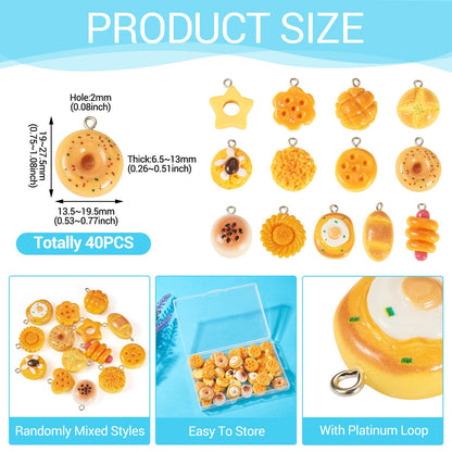 Beadthoven 40Pcs Assorted Resin Imitation Food Charms Cute Baking Bread Charms Small Cookies Donut Hot Dog Miniature Food Pendants for Jewelry Making Earrings Necklaces Keychains DIY Crafts Supplies