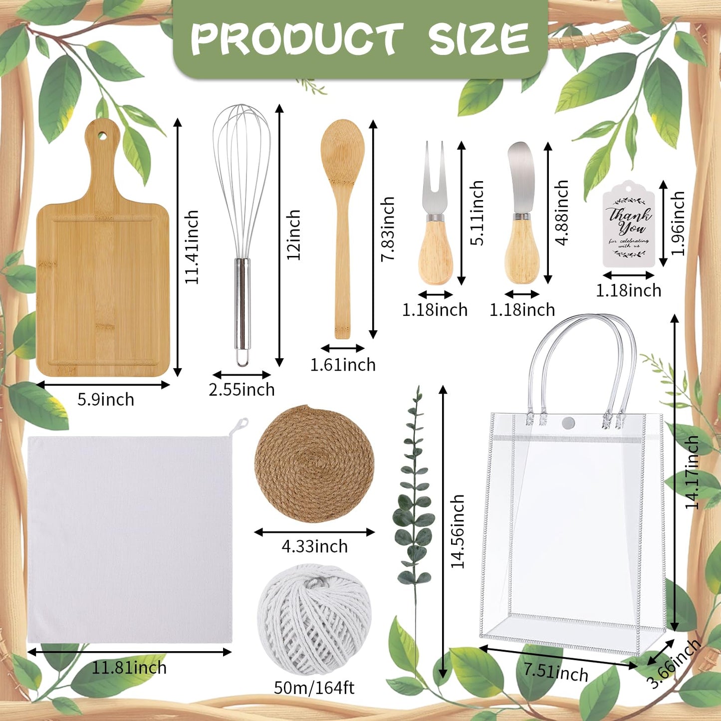 67Pcs Baby Shower Prizes for Game Winners Baby Shower Games Prizes 6 Sets Bamboo Cheese Board Spoon Fork Knives Towel Rattan Coasters Artificial Eucalyptus Stems Thank You Card Stirrers Gift Bags