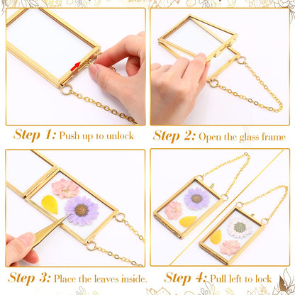Reginary 8 Pcs 2 x 3 Inch Glass Frame for Pressed Flowers Mini Hanging Double Brass Frame Floating Glass Photo Picture Frame with Chain for Artwork Art Specimen Wall Plant DIY Decor(Gold)