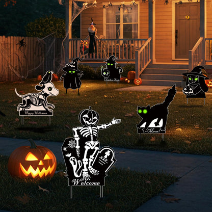 Liferyx Halloween Decoration Outdoor, 6 Packs Cute Yard Sign Black Cat, Skeleton, Witches, Dog & Ghost Silhouette, Waterproof Lawn Decoration Yard Decor Stakes with Glow in Dark Eyes