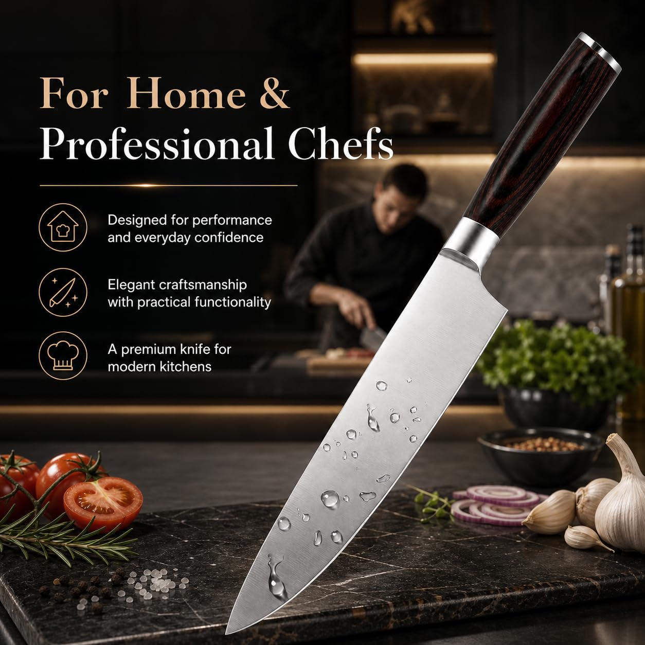 8 Inch Japanese Chef Knife, High Carbon Stainless Steel Kitchen Knife with Ergonomic Pakka Wood Handle, Ultra Sharp Gyuto Cooking Knife with Gift Box for Home & Professional Chefs