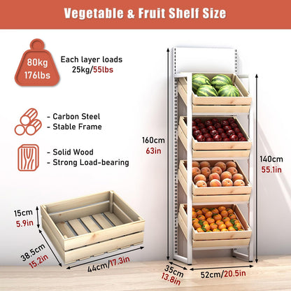 Rolling Kitchen Organizer Cart - Storage Rack with Wire Baskets.4-Tier Fruit & Vegetable Display Stand - Wooden Basket Market Shelf for Retail & Pantry - Large Capacity Snack Organizer for G