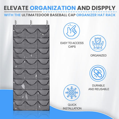 Premium Hat Rack Organizer for Wall or Door, 24 Clear Deep Pockets for Caps, Hooks Included