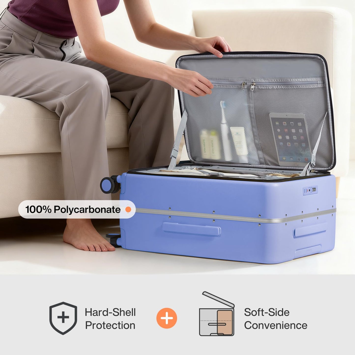 mixi 26 Inch Large Checked Luggage PC Hard Shell Suitcase Top Opening Aluminum Frame Travel Suitcases with Wheels, Lilac Purple