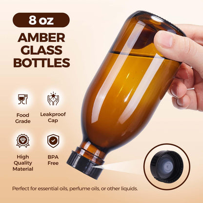 12 Pack, 8 OZ Amber Glass Bottles with Caps Leakproof Refilllable Empty Brown Boston Sample Dispensing Bottles for Homemade Vanilla Extract, Essential Oils, Potion, Juice, Ginger Shots, Liquids