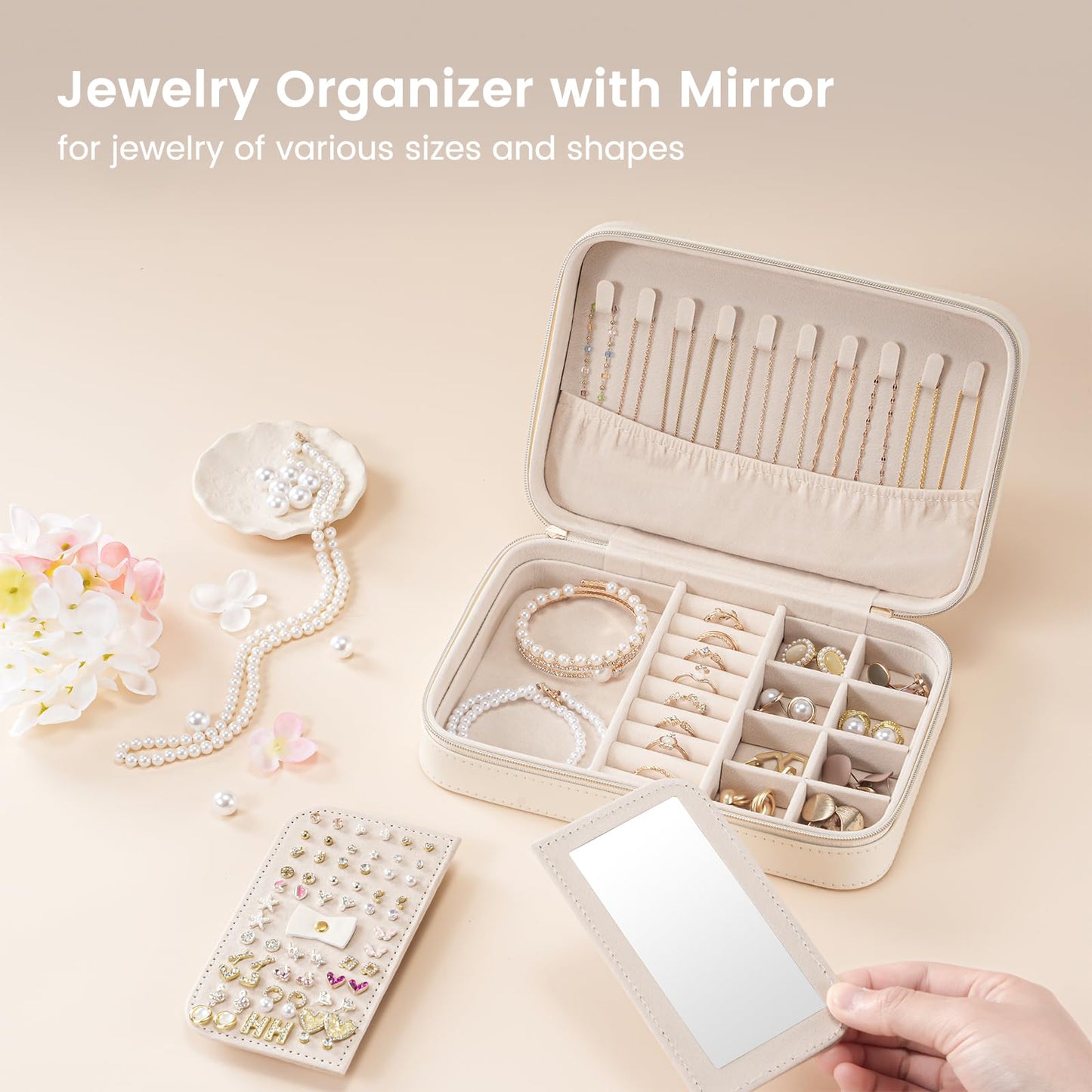 Lolalet Travel Jewelry Case for Women Girls, Travel Jewelry Organizer Box with Mirror & Clear Storage Bag, Small Portable Earring Necklace Bracelet Ring Case, Birthday Valentine Gifts -Medium, White