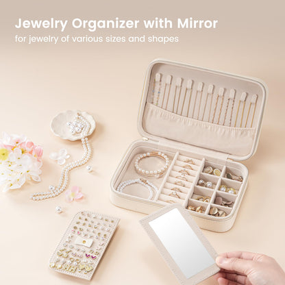 Lolalet Travel Jewelry Case for Women Girls, Travel Jewelry Organizer Box with Mirror & Clear Storage Bag, Small Portable Earring Necklace Bracelet Ring Case, Birthday Valentine Gifts -Medium, White