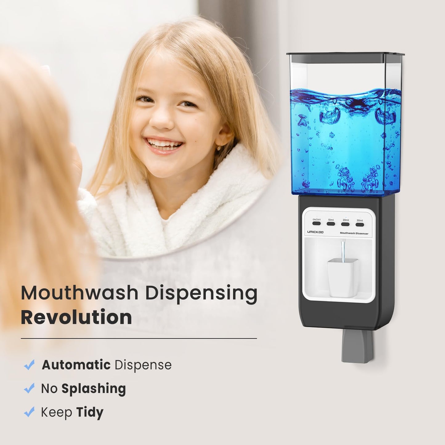 WOVAZUS Auto-Mouthwash Dispenser for Bathroom - 700mL Rechargeable Wall-Mounted with 2 Magnetic Cups, 3 Smart Levels, No-Drill Installation for Kids & Adults (12-Month Battery)