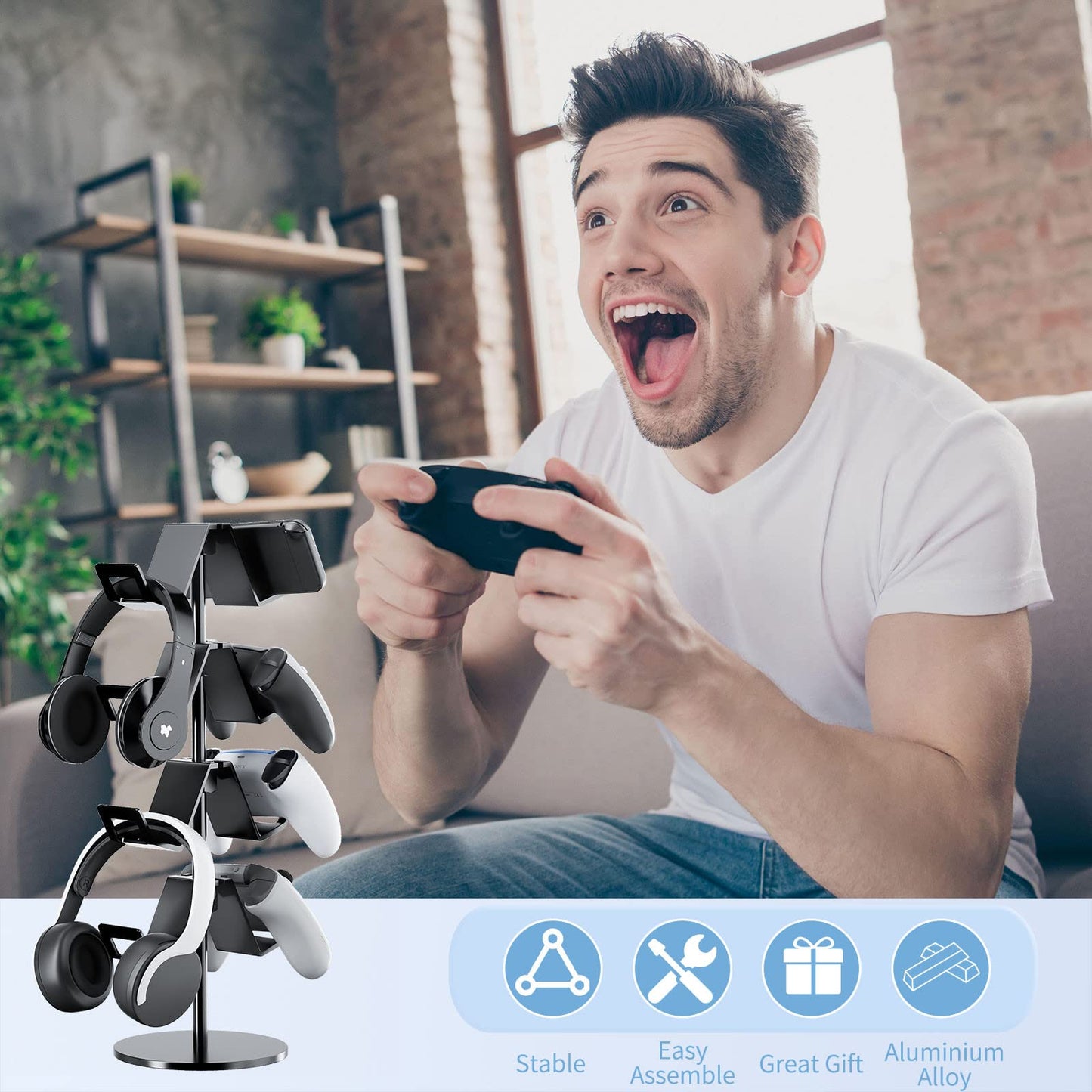 Karanava Controller Holder 4 Tier,Headphone Stand - Adjustable Headset Holder for Xbox PS5 PS4 Switch Pro - Gaming Storage for Universal Game Accessories,Desk/Floor(Black)