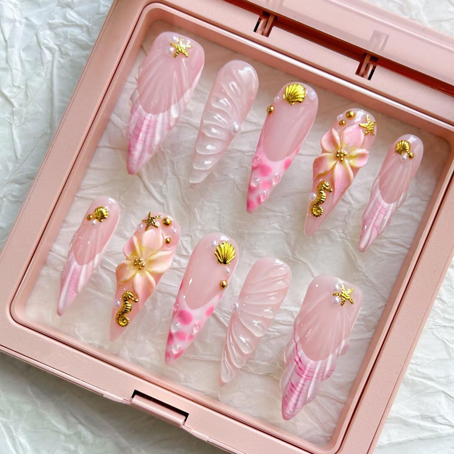 10Pcs Press On Nails - MAGLFELL Handmade Stiletto Pink Fake Nails, 3D Pink Carved Flower, and Gold Plated Accessories Design, Reusable Artificial False Nails for Women Acrylic Nails Kit (Size S)