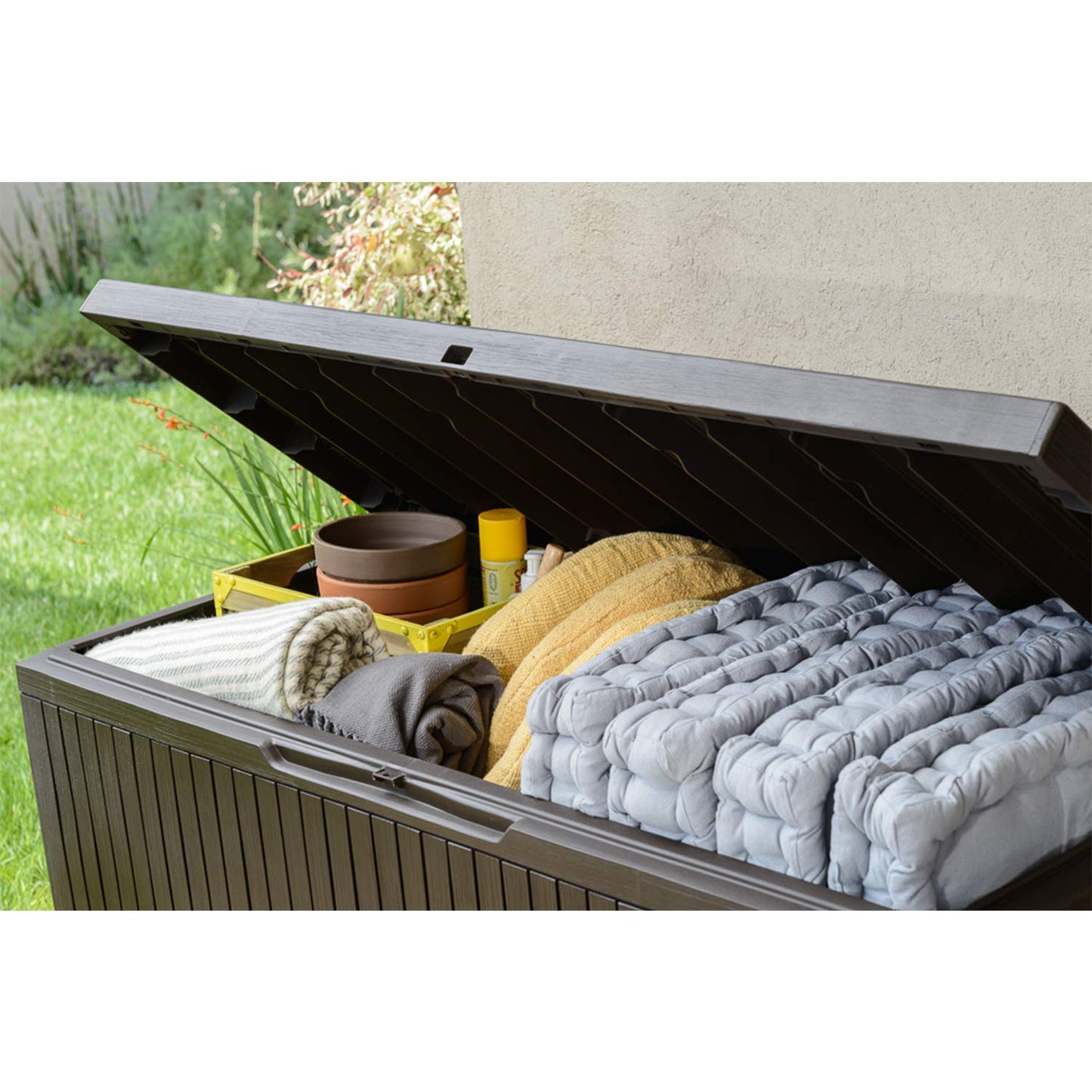 Keter Springwood 80 Gallon Resin Outdoor Storage Box for Patio Furniture Cushions, Pool Toys, and Garden Tools with Handles, Brown