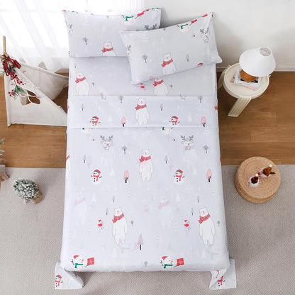 Set Sets 4 Yibeizi Kids Christmas Sheets Full Size, Light Grey Bear Snowmen Printed Sheet for Boys Girls, Cute