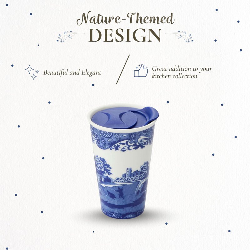 Spode Blue Italian 8oz Porcelain Travel Mug with Lid – Scenic Patterned Drinkware with Decorative Border - Portable Ceramic Coffee Cup for Brunch, Tea, On-the-Go Hot Beverage Moments