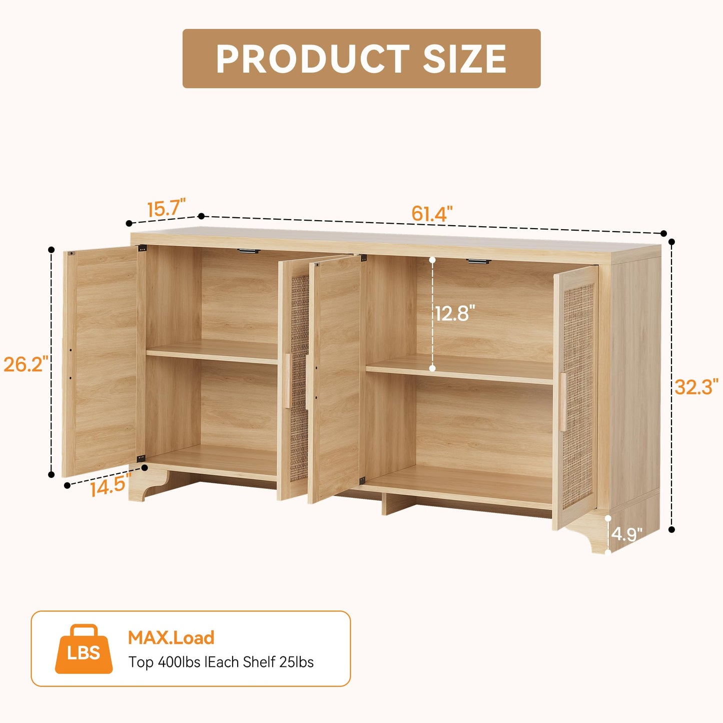 IDEALHOUSE Natural Rattan Sideboard Buffet Cabinet with Storage, Farmhouse Large Rattan Cabinet with 4 Doors, Wood Accent Coffee Bar Buffet Console Tables for Kitchen Living Room Entryway