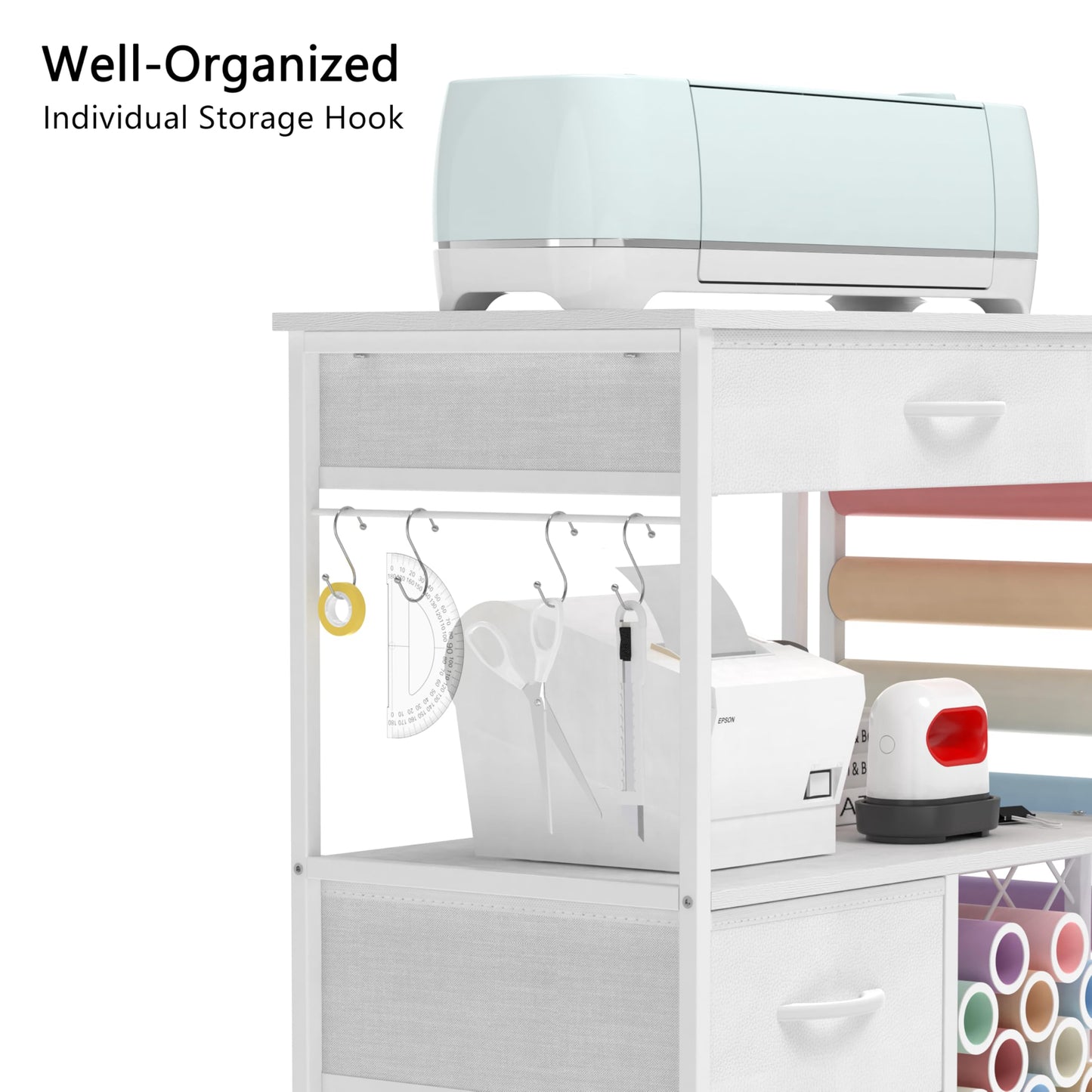 VENNQD Storage cart Compatible with Cricut Machines Stand Cutting Machine Stand with Drawers and Vinyl Roll Holder Rolling Craft Cabinet Table for Cricut Craft Workstation for cart Craft Room (White)