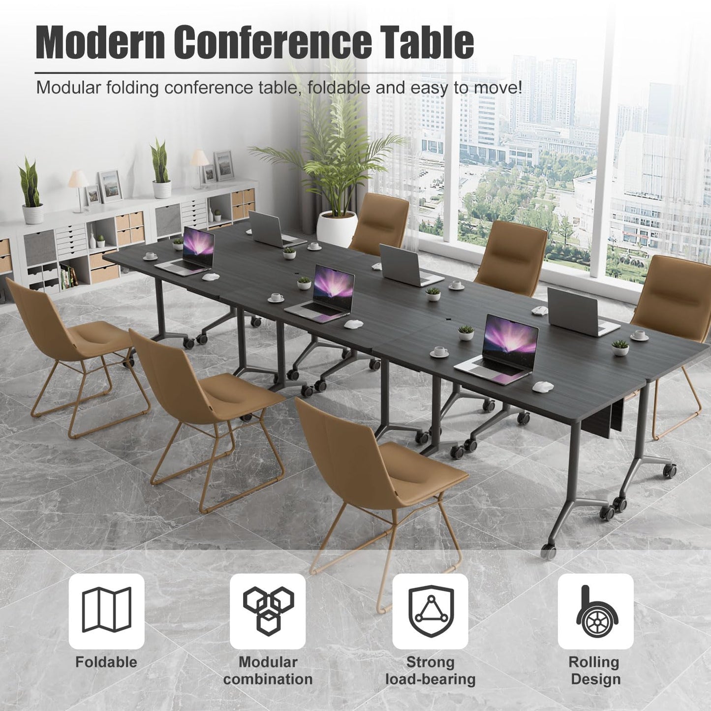 Modular Folding Conference Room Table with Wheels - 4 Pack Flip Top Mobile Training Table,Modern Meeting Tables 2-30 Person,Black,55.1"x21.6"x29.5"