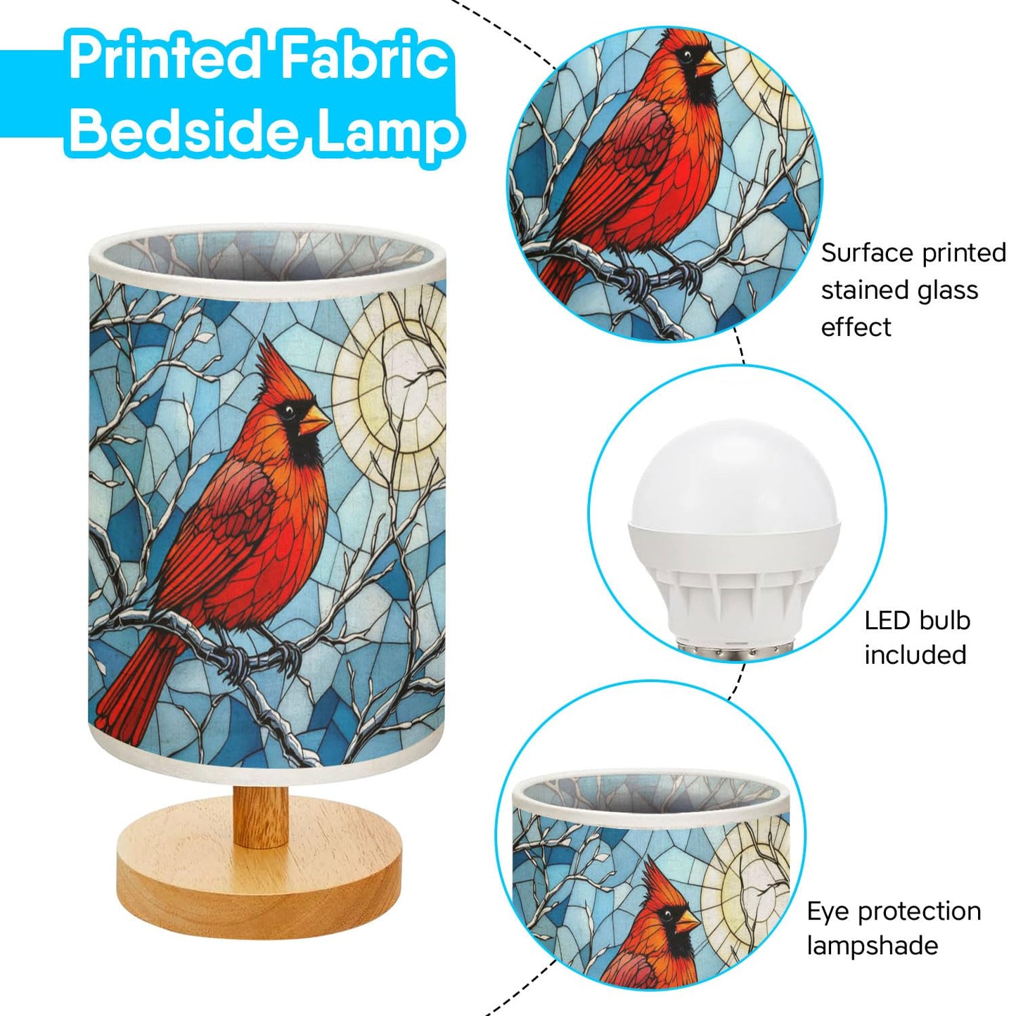 44memory Cardinal Table Lamp LED 3-Color Pressed Bedside, Cardinal Shade Lamp with Wood Base for Bedroom Living Room Desk Office TL01