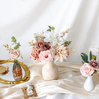 Artificial Flowers Combo Box Set Terracotta Silk Roses Dahlia with Stems DIY Bridal Wedding Bouquets Cake Gold Boho Nude Beige Fake Floral Arrangements Baby Shower Party Table Centerpieces Home Decor