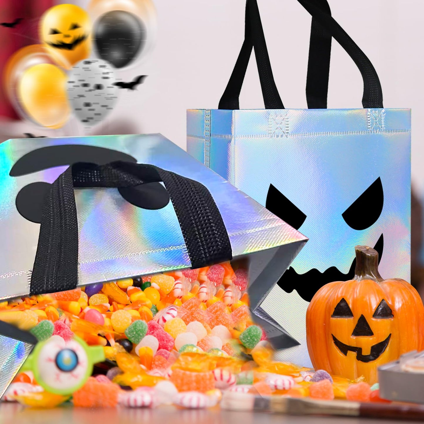 KAWZBYN 30 Pcs Halloween Ghost Gift Bags Iridescent Holographic Candy Goodie Bag Reusable Non woven Gift Bags for Girls Halloween Trick or Treat Party Supplies Favors, 8''x4''x10''