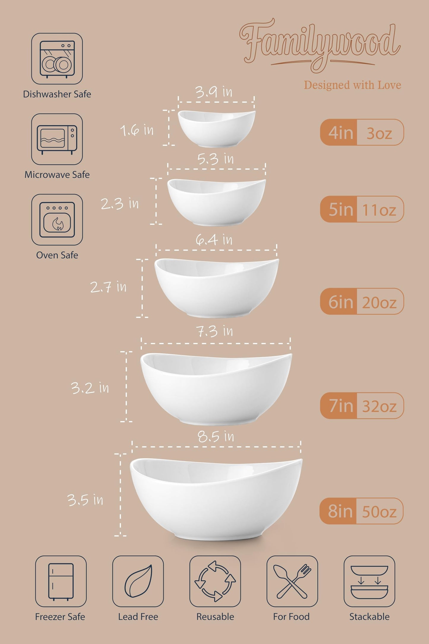 Familywood Porcelain Serving Bowls set for Entertaining, 3-11-20-32-50 Ounce, Scratch Resistant, 5 Piece Serving Bowl Set, Prep Salad Bowls for Christmas Thanksgiving, Dishwasher Safe, Pure White