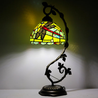ZJART Tiffany Lamp Stained Glass Table Lamp Metal Leaf Desk Reading Light 8X10X21 Inch Decor Small Space Bedroom Home Office (Green Red Dragonfly)