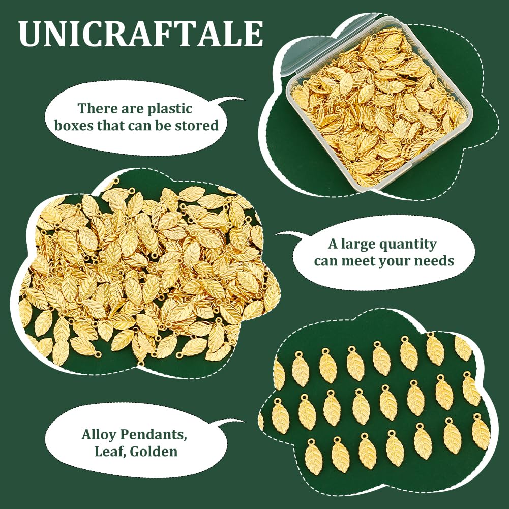 UNICRAFTALE 200pcs Vintage Leaf Charms 15mm Golden Alloy Pendants & Earring Charms for DIY Craft Jewelry Making
