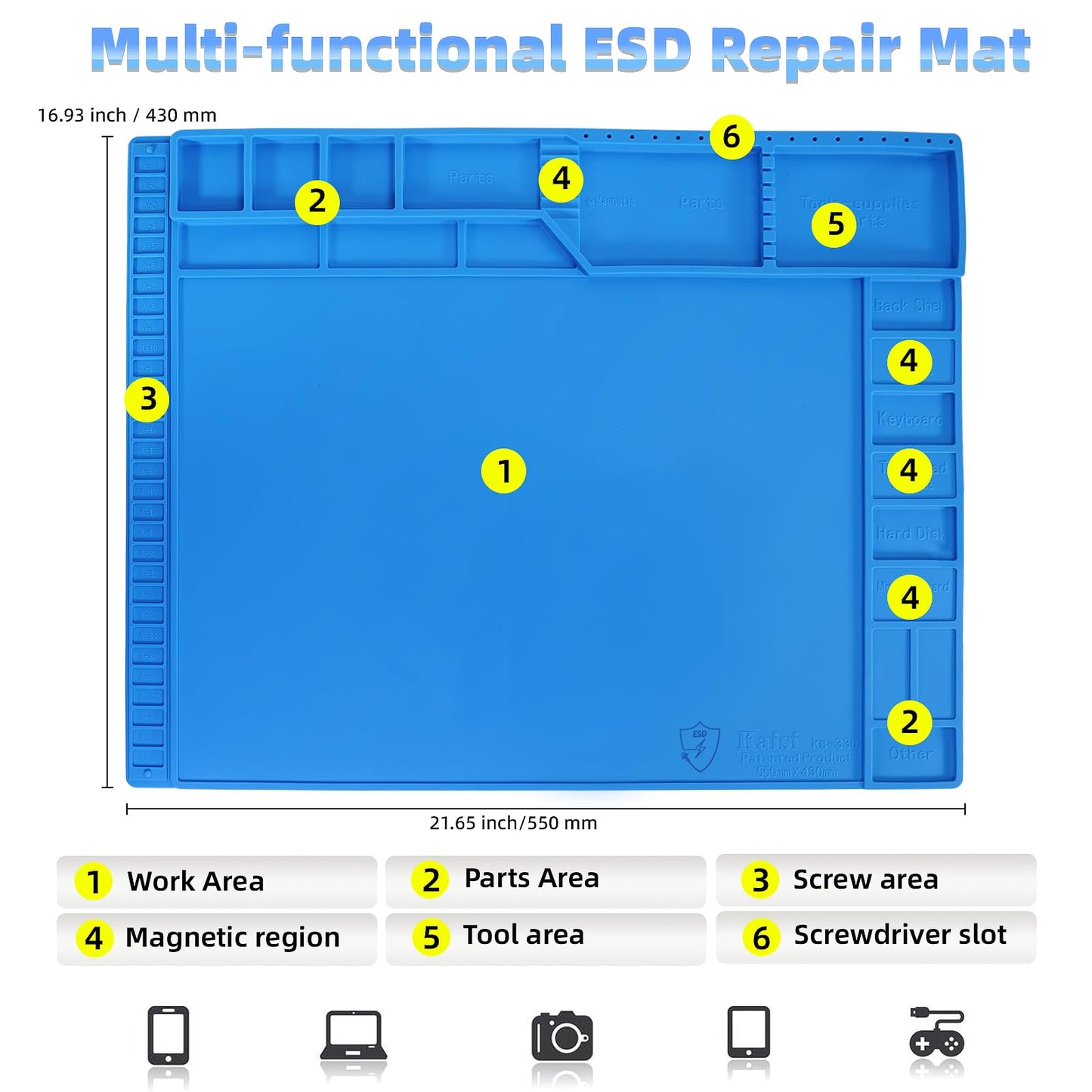 Kaisi Large Anti Static Mat with Grounding Accessories,Heat Resistant Silicone Soldering Mat,Magnetic Work ESD Pad for pc building, Electronics, Laptop, Cellphone Repair Soldering 21.6" x 16.9"
