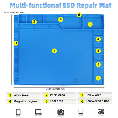 Kaisi Large Anti Static Mat with Grounding Accessories,Heat Resistant Silicone Soldering Mat,Magnetic Work ESD Pad for pc building, Electronics, Laptop, Cellphone Repair Soldering 21.6" x 16.9"