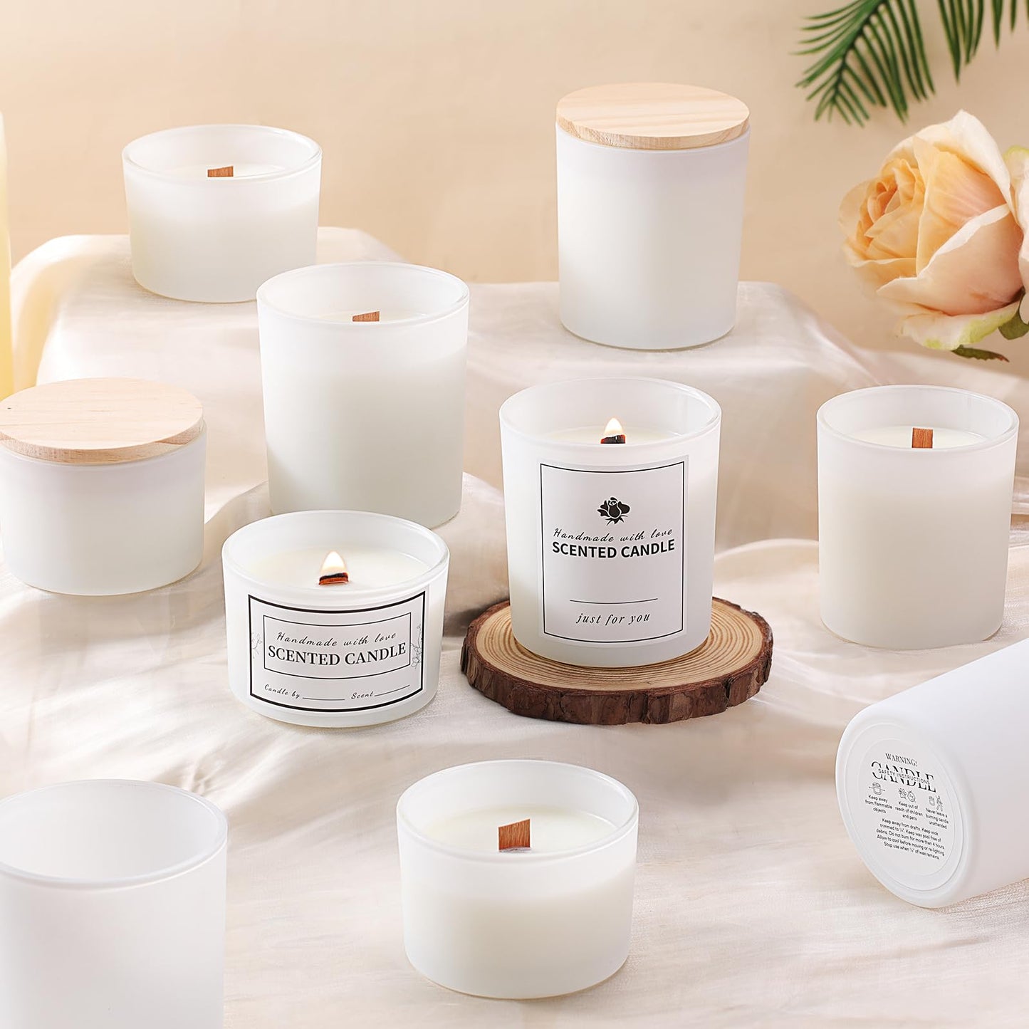 sunnyfuture 16 Pack Matte White Candle Jars, 8pcs 7oz + 8pcs 4oz Candle Jars for Making Candles with Wooden Lids and Labels for DIY, Gifts, Home