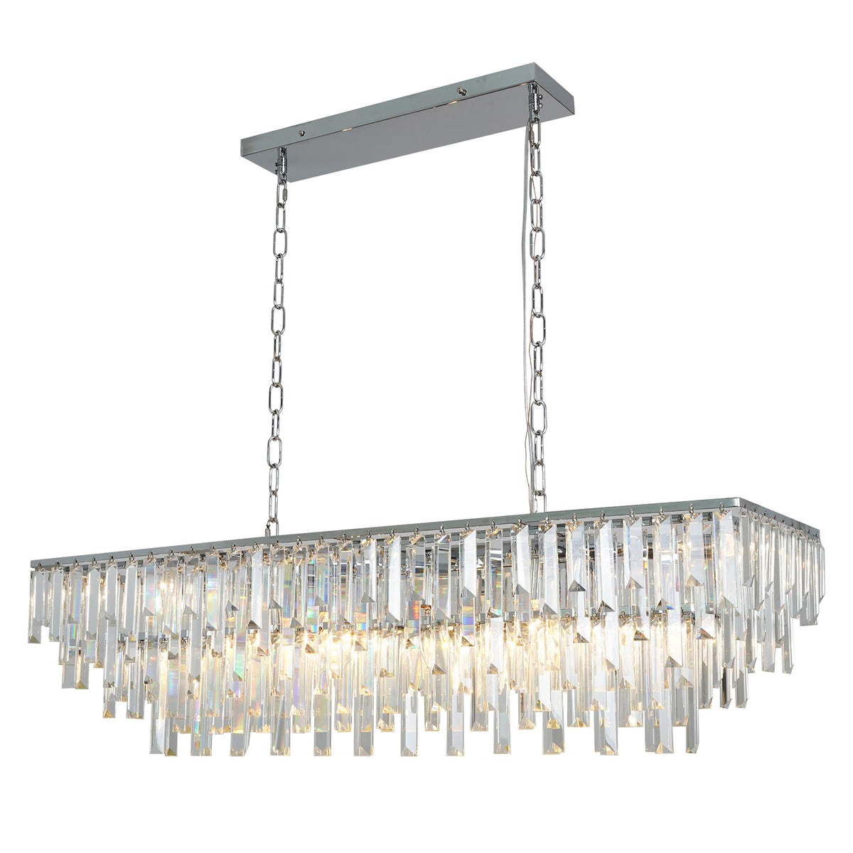 39" Modern Rectangle Crystal Chandelier, Chrome Linear Pendant Light with Clear Crystal Prisms, Luxury Island Lighting Fixture for Dining Room Kitchen Table Living Room