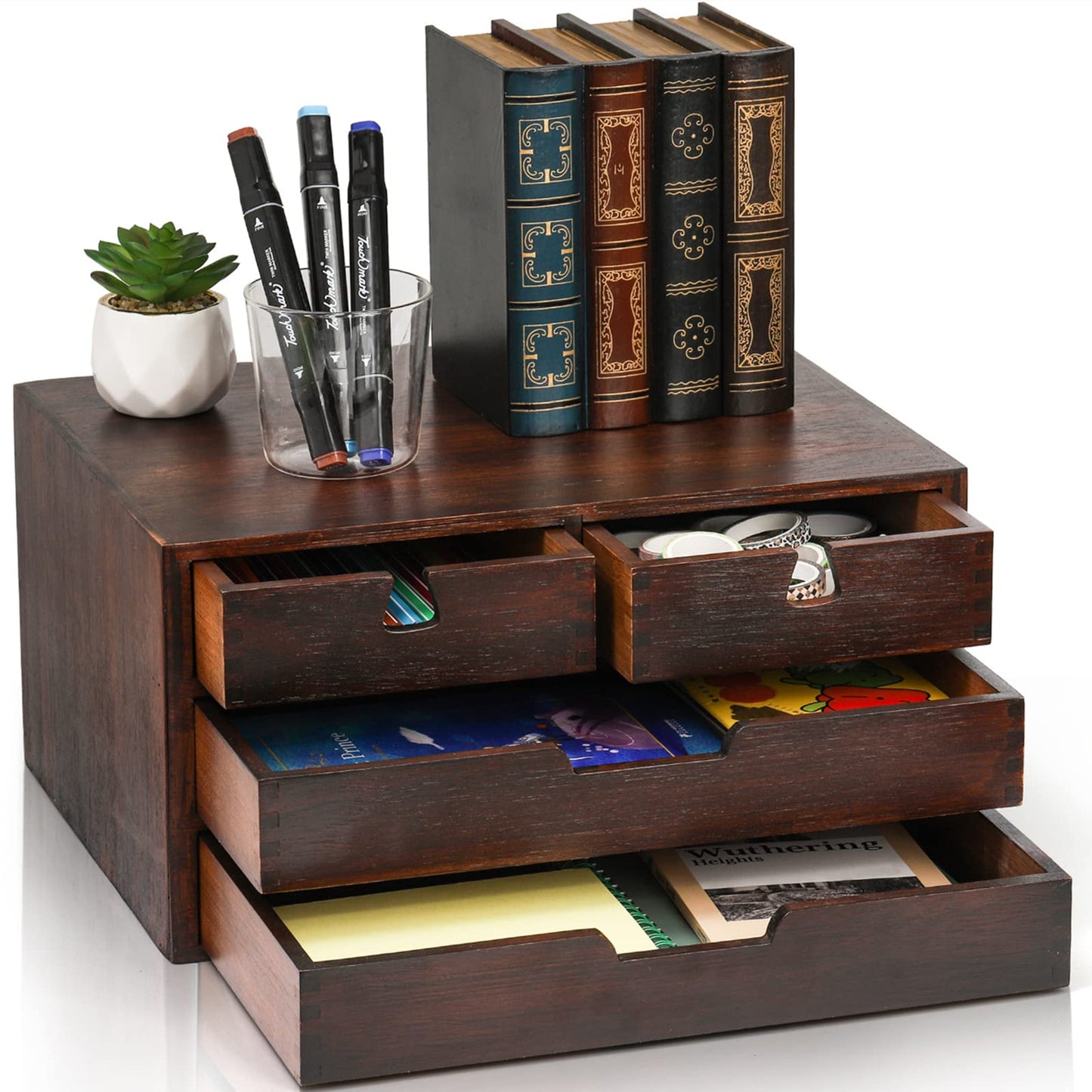 DEAYOU Bamboo Desk Organizer, 100% Natural Bamboo Desktop Drawer Organizer, Dark Brown Tabletop Storage Cabinet Organization Box with 4 Drawer for Makeup, Letter, Home, 3 Layer, Fully Assemble
