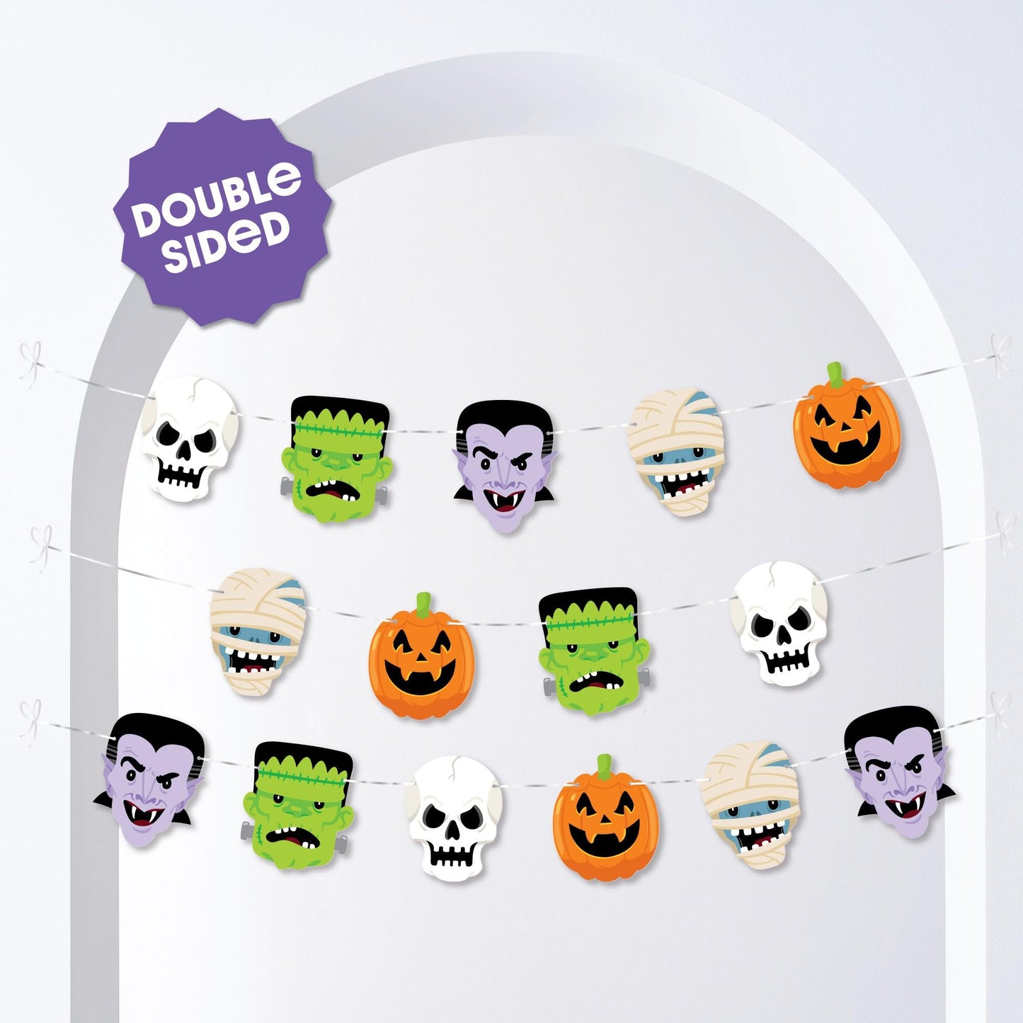 Big Dot of Happiness Halloween Monsters Garland Banner, Spooky Halloween Party Decorations Backdrop, 30 Feet of Cord, 15 Paper Skeleton, Dracula, Frankenstein, Mummy, and Jack-O'-Lantern Shapes
