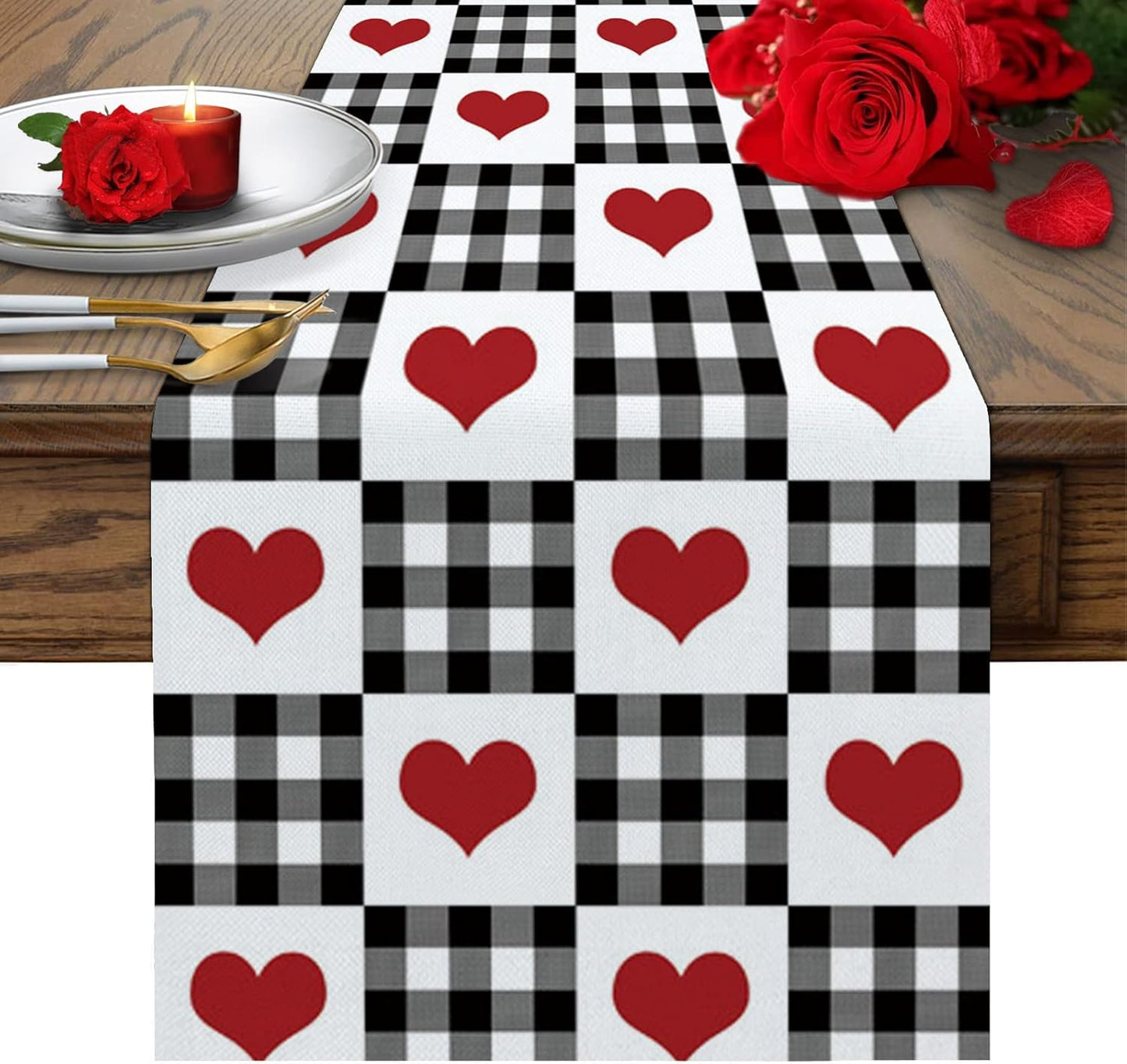 Buffalo Check Table Runners 90 Inches Long, Valentine's Day Love Heart Plaid Black White Table Runner for Family Dinner