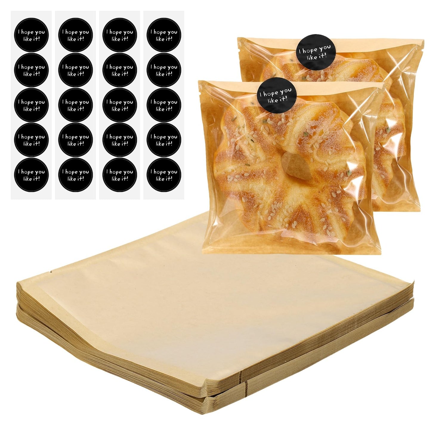 uxcell 100 Pcs Clear Paper Cookie Bags with 120 Pcs Stickers, 7.1 x 7.5 Inch Bakery Bags with Clear Window Packing for Cookies, Candy Goodie Favors Gift Giving, Yellow