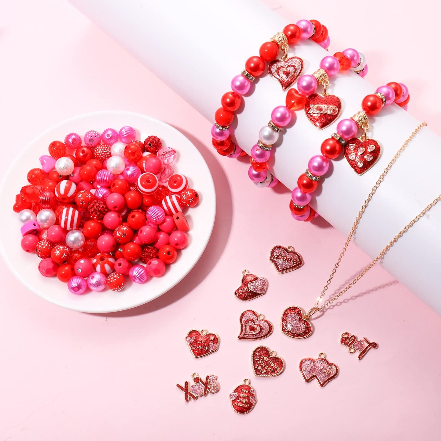 2500PCS+ Valentine’s Day Beads for Jewelry Making, Pink Red Polymer Clay Beads, Assorted Pearl Crystal Heart Bead Letter Spacer Bead and Sweet Heart Charms for Bracelet Necklace Making DIY Crafts