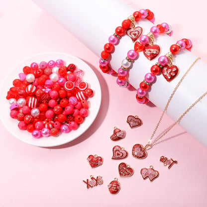2500PCS+ Valentine’s Day Beads for Jewelry Making, Pink Red Polymer Clay Beads, Assorted Pearl Crystal Heart Bead Letter Spacer Bead and Sweet Heart Charms for Bracelet Necklace Making DIY Crafts