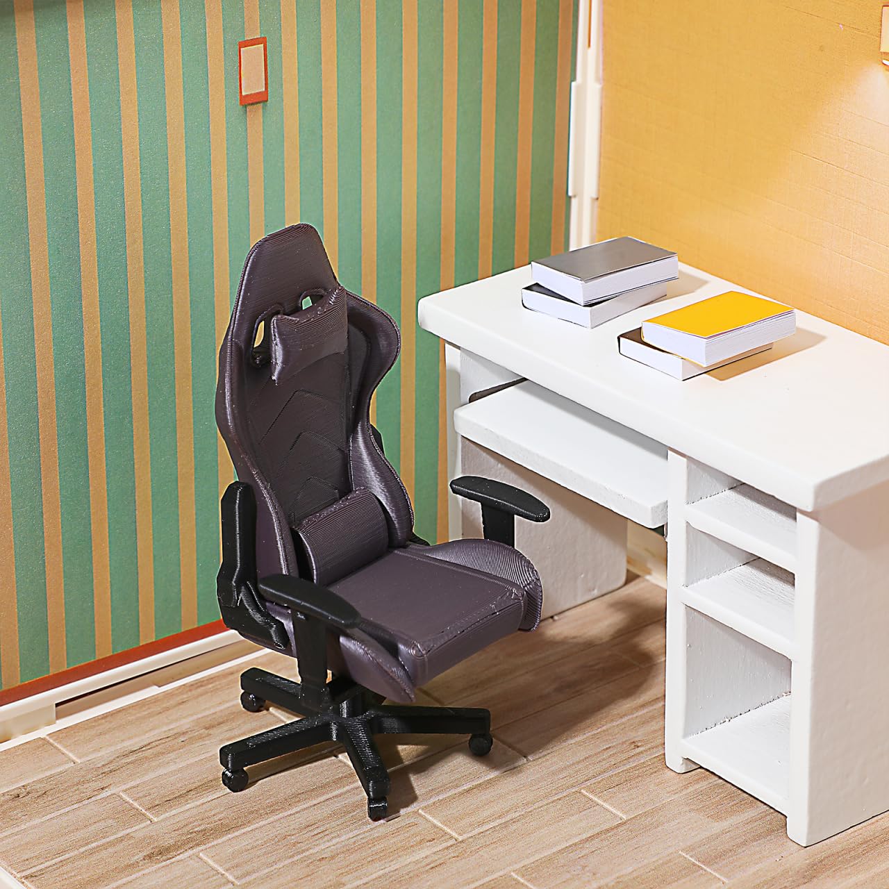 Kisangel Miniature Gaming Chair, 1:12 Scale Dollhouse Office Decor, Detailed 3D Printed Gamer Computer Desk Accessory for Collectors and Display