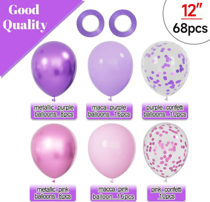 Skiennix 68Pcs Pink & Purple Balloons - 12 Inch Metallic Latex & Confetti for Birthday & Wedding Decor