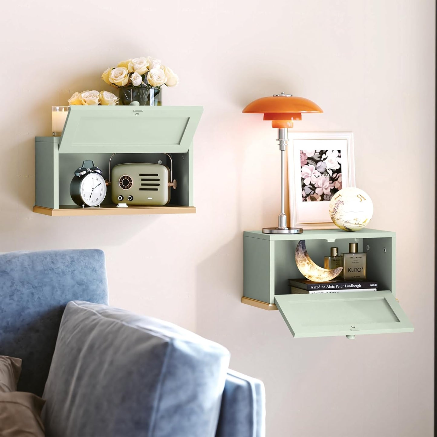 Modern Green Floating Nightstand with Flap Door - Compact Wall-Mounted Design