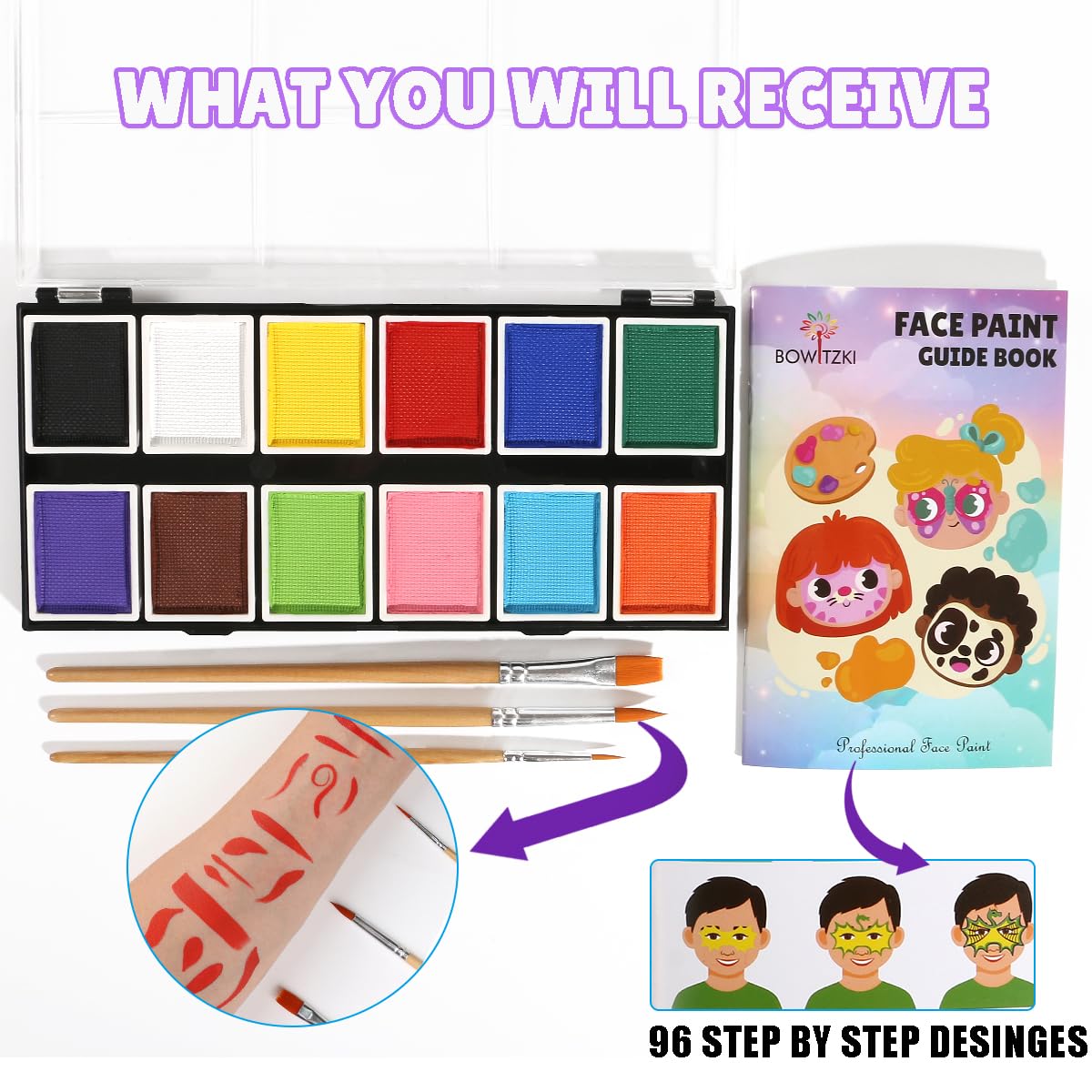 Professional Face Paint Kit, Bowitzki 12 Colors Non Toxic Hypoallergenic Water Based FDA Compliant Professional Halloween Makeup Body Face Painting Colors