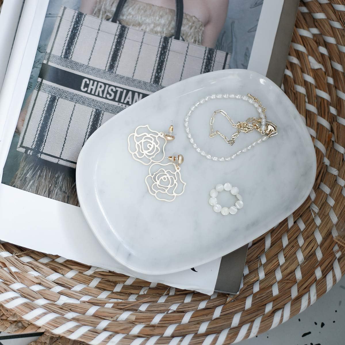 Marble Vanity Tray, Decorative Oval Storage Organizer for Mini Bathroom Kitchen Dresser Jewelry Dish, Counter or Desk